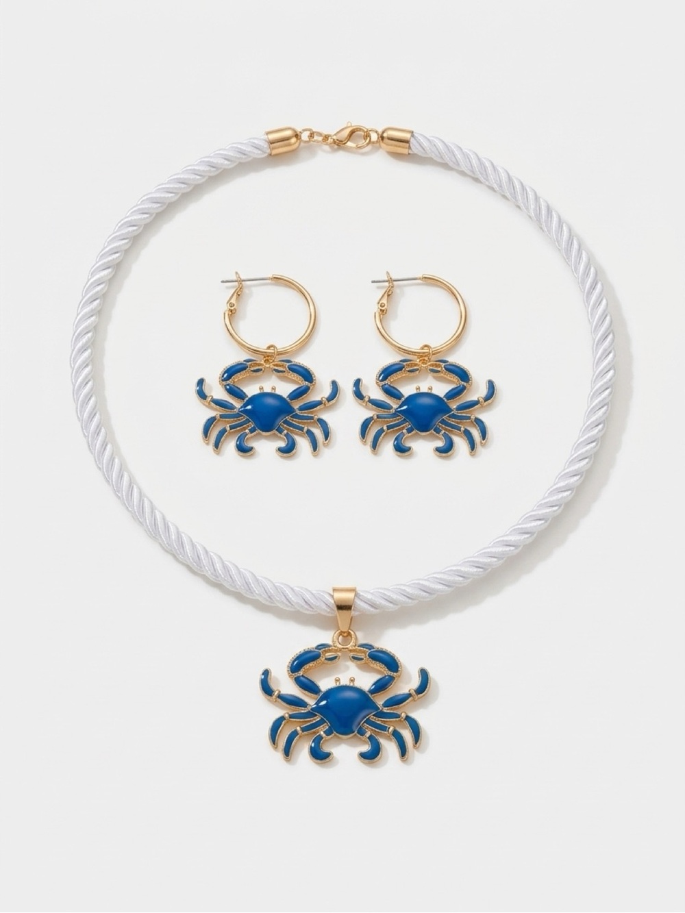 Source Unknown Blue Enamel Crab Necklace and Hoop Earring Set